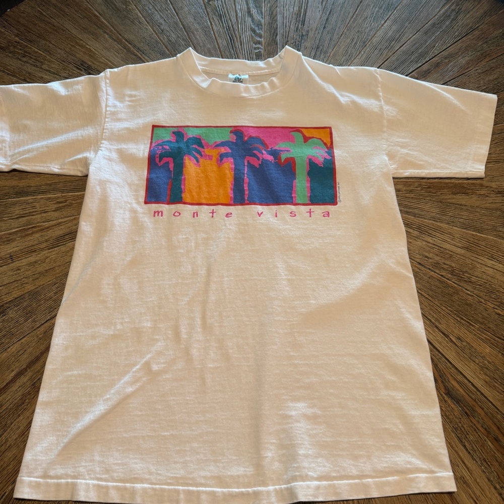 Vintage OG SS single stitch Tshirt 1991 neon palm tree graphics Monte Vista Y2K